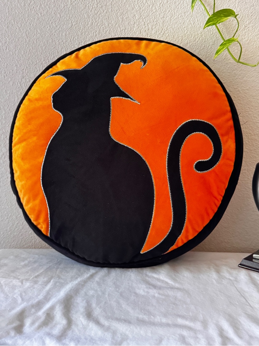 Halloween Black Cat Round Accent Pillow - Orange and Black